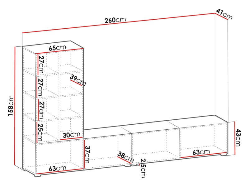 Klinkerville möbelset ribbad TV bänk vitrinskåp med LED belysning vägghängd - golvstående 260 cm - Valnöt brun - Products - Förvaring - Förvaringsmöbler - Möbelset för vardagsrum