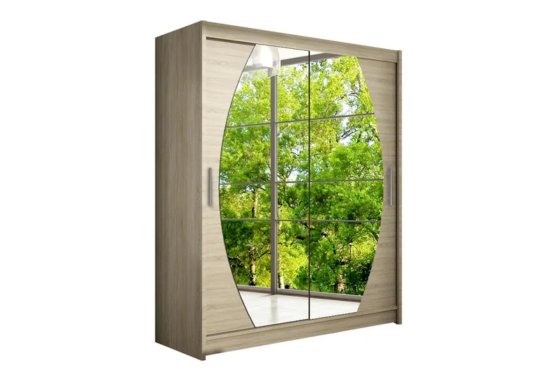 Leila Garderob Skjutdörrar Rund Spegel, Ek/Spegel