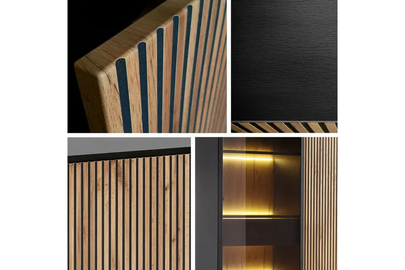 Klinkerville Lågt Vitrinskåp med belysning 39 cm djup 104 cm - Svart Trä / Glas / Ribbad - Products - Förvaring - Skåp - Vitrinskåp