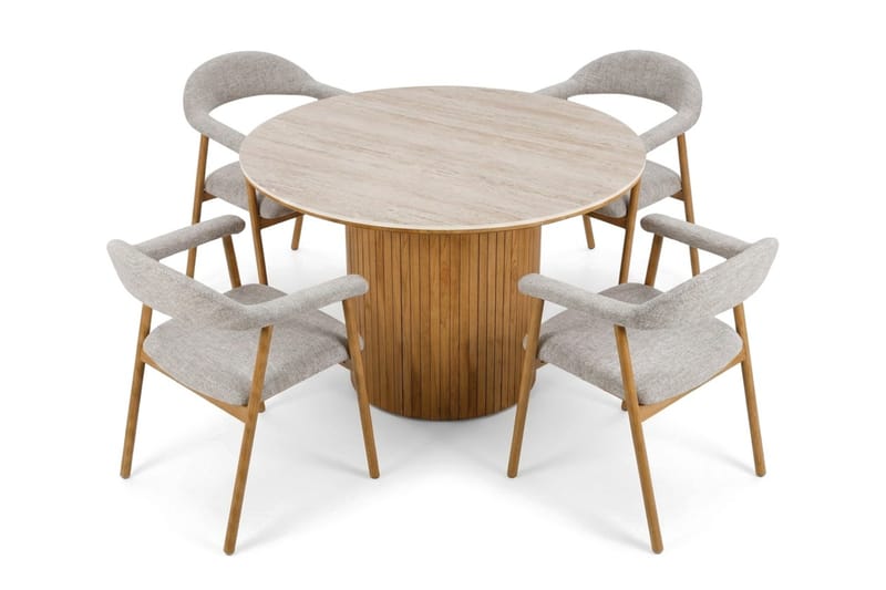 Arvo Matgrupp runt 120 cm Travertin med 4 Ronja Matstolar - Ek - Products - Möbler - Bord & matgrupp - Matgrupp