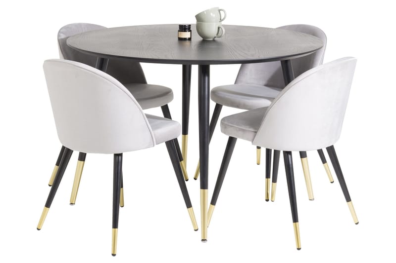 Dipp Matgrupp 115 cm Rund med 4 Velvet stolar, Svart/Guld