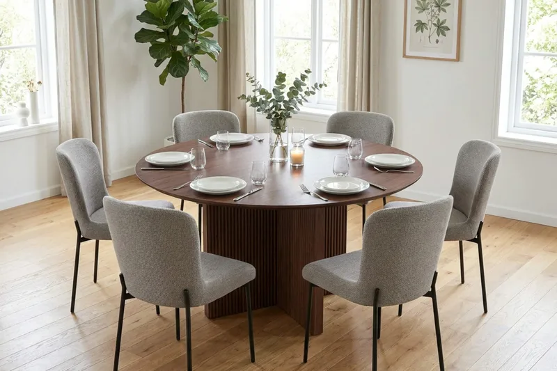 Edda Matgrupp runt 130 cm Valnöt med 6 Elsie Matstolar - Valnöt - Products - Möbler - Bord & matgrupp - Matgrupp