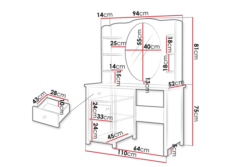 Hilts Sminkbord 110x52 cm - Vit/Rosa - Products - Möbler - Bord & matgrupp - Sminkbord & toalettbord