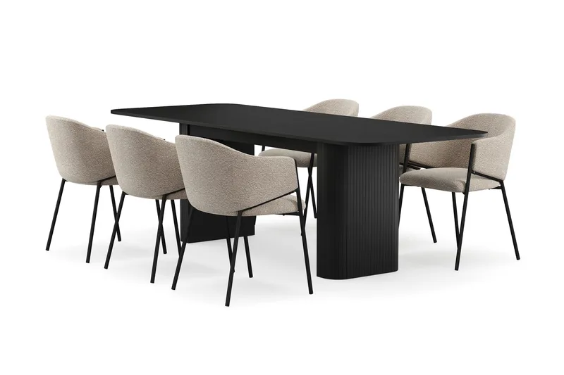 Kopparbo Matbord 180-240 cm Förlängningsbart med 6 Filip Matstolar, Svart / Taupe Bouclé