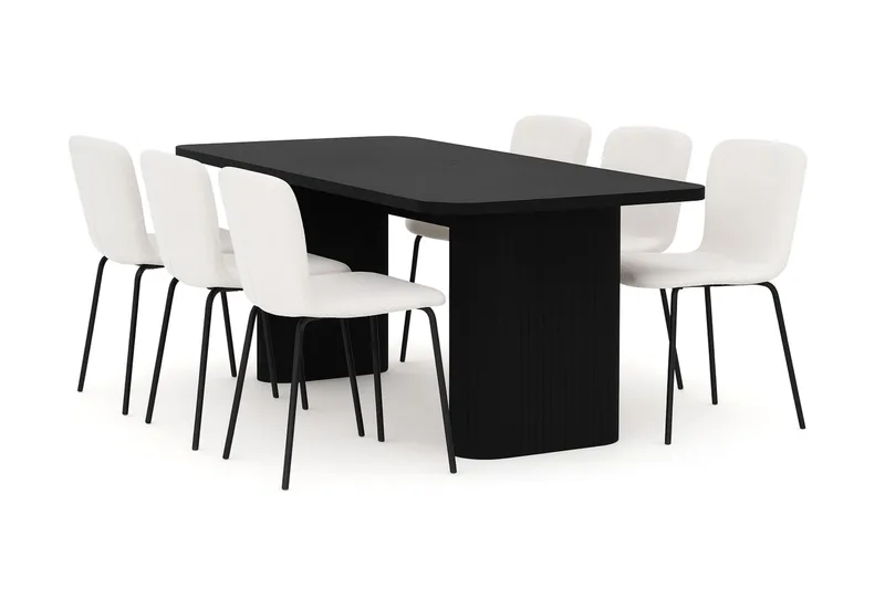 Kopparbo Matbord 180-240 cm Förlängningsbart med 6 Katy Matstolar, Svart / Vit Bouclé / Metallben Svart