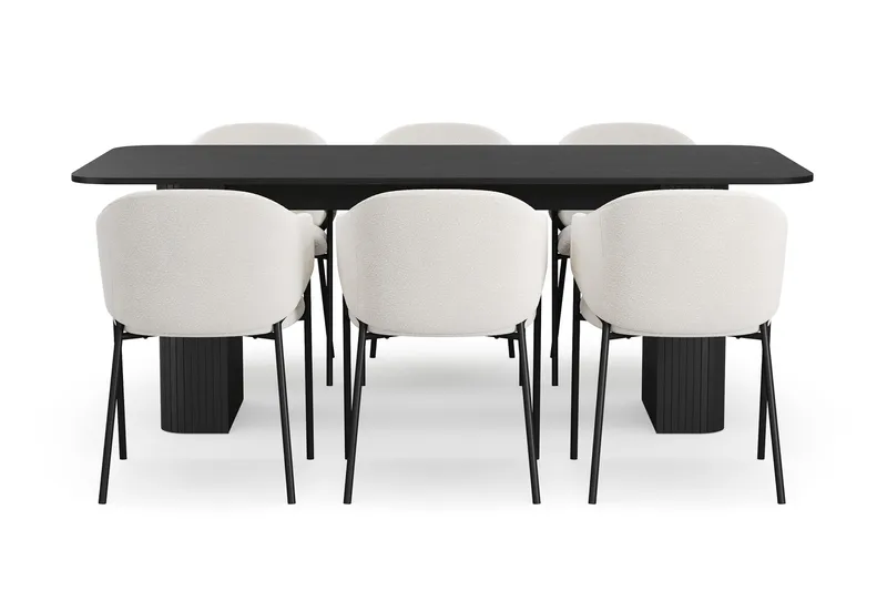 Kopparbo Matbord 200-260 cm Förlängningsbart med 6 Filip Matstolar - Svart / Vit Bouclé - Products - Möbler - Bord & matgrupp - Matgrupp
