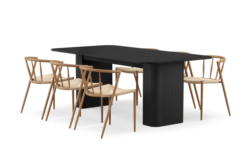 Kopparbo Matbord 200-260 cm Förlängningsbart med 6 Winston Matstolar, Svart / Beige / Metallben Ek