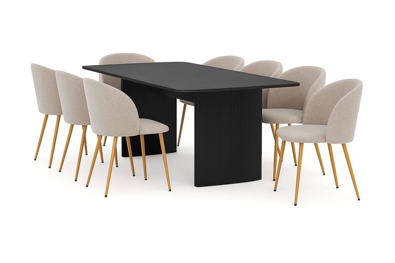 Kopparbo Matbord 200-260 cm Förlängningsbart med 8 Greya Matstolar med armstöd, Svart / Greige Bouclé / Metallben Ek
