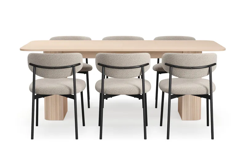 Kopparbo Matbord 200-260 cm Förlängningsbart med illäggsskiv med 6 Lucy Matstolar - Vit / Greige Bouclé / Metallben Svart - Products - Möbler - Bord & matgrupp - Matgrupp