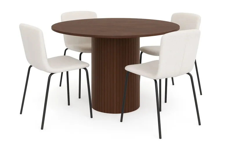 Kopparbo Runt Matbord 120 cm med 4 Katy Matstolar, Mörkbrun / Vit Bouclé / Metallben Svart