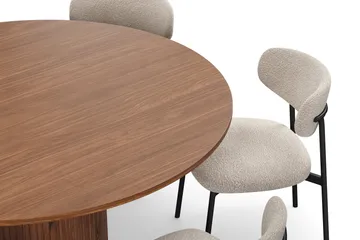 Kopparbo Runt Matbord 150 cm med 6 Lucy Matstolar - Valnöt / Greige Bouclé / Metallben Svart - Products - Möbler - Bord & matgrupp - Matgrupp