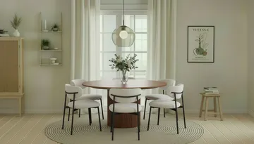 Kopparbo Runt Matbord 150 cm med 6 Lucy Matstolar - Valnöt / Vit Bouclé / Metallben Svart - Products - Möbler - Bord & matgrupp - Matgrupp