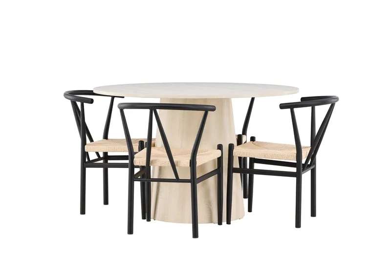 Lanzo Matgrupp 120 cm Rund med 4 Alfons stolar, Whitewash/Svart