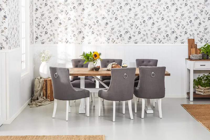 Lyon Förlängningsbar Matgrupp 200 cm med 6 Viktoria Stol, Natur/Vit/Grå