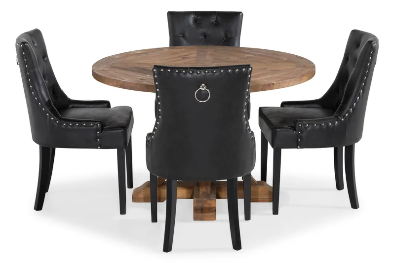 Lyon Matgrupp Rund med 4 st Tuva Fåtölj Konstläder, Trä/Svart PU