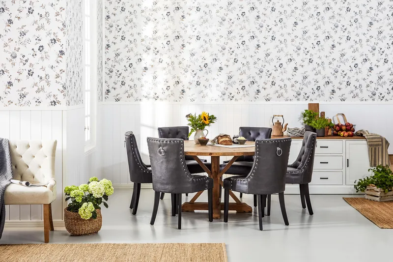 Lyon Rund Matgrupp 150 cm med 6 Tuva Stolar - Brun Vintage Alm / Svart Pu - Products - Möbler - Bord & matgrupp - Matgrupp