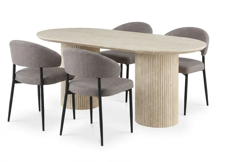 Uppveda Ovalt Matbord 180x90 cm med 4 Sawako Greige Stolar, Travertin/Greige