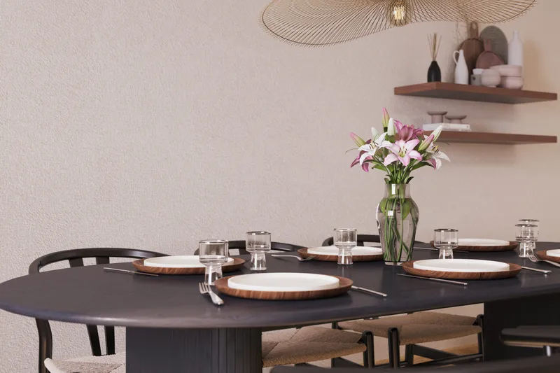 Noira Matgrupp 220 cm Massiv Ek med 6 Dastoori Matstol - 2220067-6,2206123-1 - Svart - Products - Möbler - Bord & matgrupp - Matgrupp