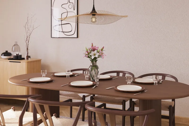 Noira Matgrupp 220 cm Massiv Valnöt med 6 Dastoori Matstol - 2220070-6,2098431-1 - Ribbad / Natur / Mörkbrun / Brunt Trä - Products - Möbler - Bord & matgrupp - Matgrupp