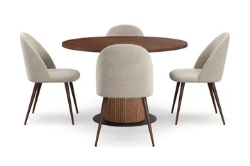 Noira Runt Litet Matbord Massiv Valnöt 120 cm med 4 Nibe Plus Matstolar - Brun / Greige Bouclé / Metallben Valnöt - Products - Möbler - Bord & matgrupp - Matgrupp