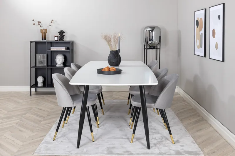 Polar Matgrupp 240 cm Rektangulär med 6 Velvet stolar, Svart/Guld