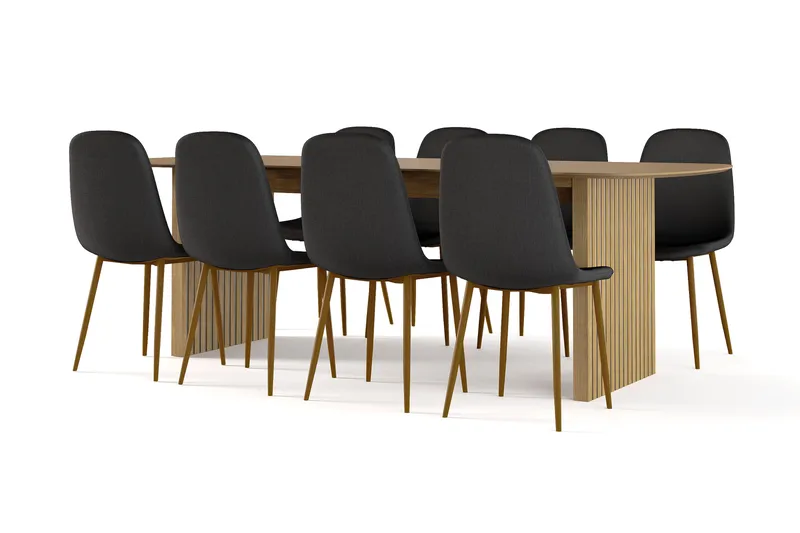Richeto Matbord 240 cm ek +  8 st Nibe stol svart med ek ben, Natur/Svart