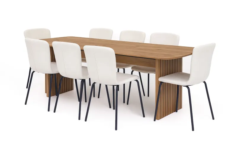 Richeto Matbord 240 cm med 8 Katy Matstolar, Naturlig finish / Vit Bouclé / Metallben Svart