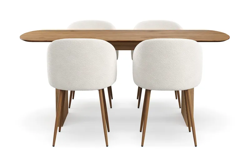 Richeto Matgrupp med 4 Greya Matstolar med Armstöd, Naturlig Finish/Vit Bouclé