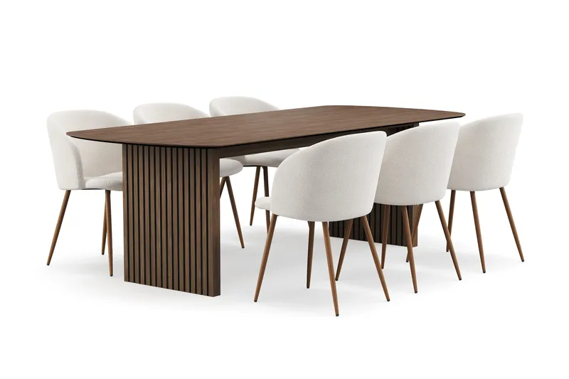 Richeto Matgrupp med 6 Greya Matstolar med Armstöd - Rökt Ek/Vit Bouclé - Products - Möbler - Bord & matgrupp - Matgrupp
