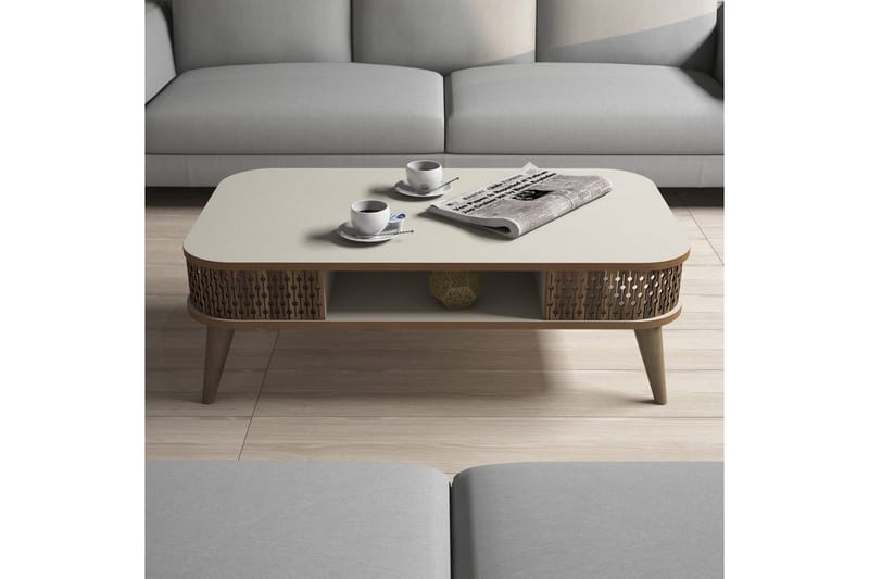Hovdane Soffbord 105 cm med Förvaring Hylla Runda Hörn - Vit/Brun/Ek - Products - Möbler - Bord & matgrupp - Soffbord - Soffbord med förvaring