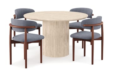 Uppveda Runt Matbord 120cm Travetin utseende med 4 st Jaiveer Matstolar, Beige