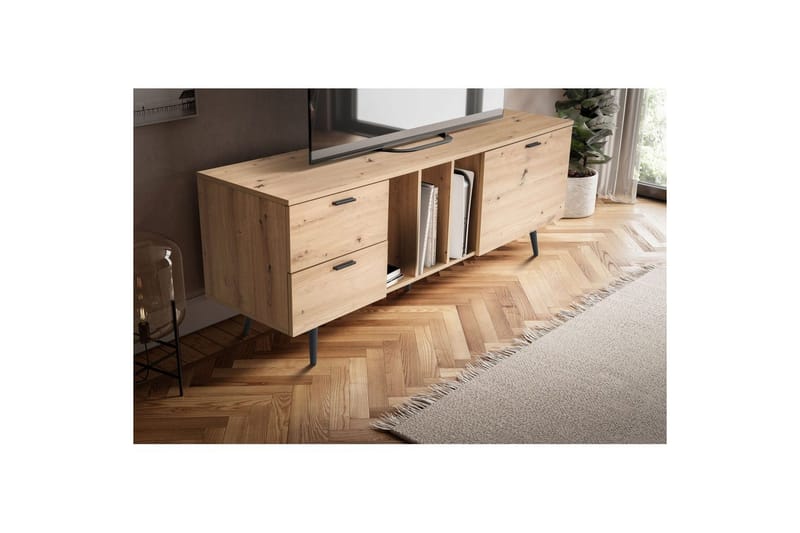 Lowboard Wohnling modernt spånskiva, 2 lådor, 1 dörr, förvaringsbrickor, metallben, modern stil Svart, Ek - Svart, Ek - Products - Möbler - TV- & Mediamöbler - TV bänk & mediabänk