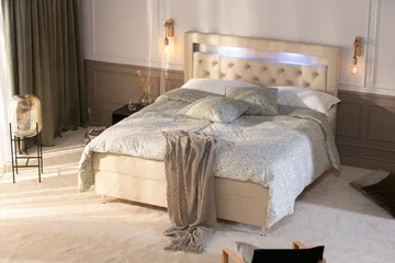 Alessia Komplett Sängpaket med Förvaring LED-belysning 160x200 cm - Biege - Products - Möbler - Säng - Säng med förvaring