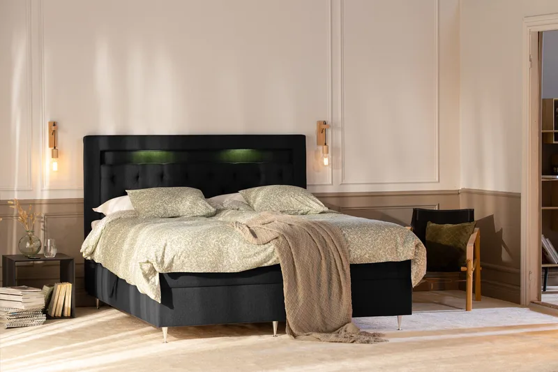Alessia Komplett Sängpaket med Förvaring LED-belysning 160x200 cm - Svart - Products - Möbler - Säng - Säng med förvaring