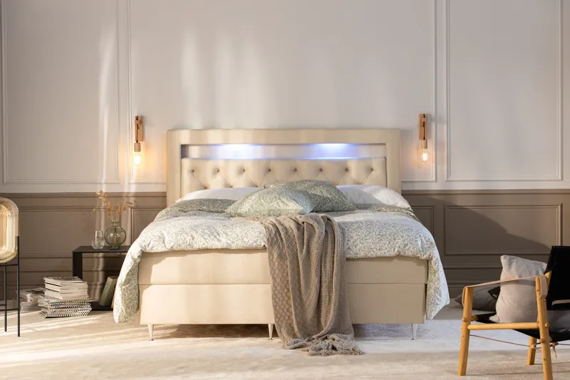Alessia Komplett Sängpaket med Förvaring LED-belysning 180x200 cm - Beige - Products - Möbler - Säng - Säng med förvaring