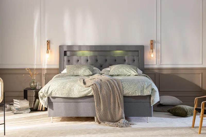Alessia Komplett Sängpaket med Förvaring LED-belysning 180x200 cm - Grå - Products - Möbler - Säng - Säng med förvaring