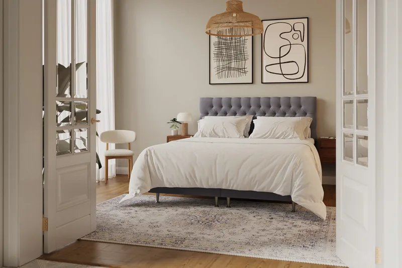 HVILA Lyx Komplett Sängpaket 180x200 cm Kontinentalsäng med knappad sänggavel i sammet - Grå - Products - Möbler - Säng - Kontinentalsäng