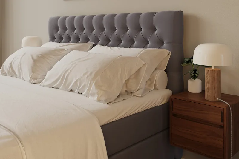 HVILA Lyx Komplett Sängpaket 180x200 cm Kontinentalsäng med knappad sänggavel i sammet - Grå - Products - Möbler - Säng - Kontinentalsäng