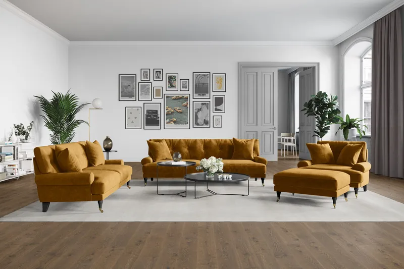 Andrew 3-sits Sammetssoffa - Mörkgul - Products - Möbler - Soffa - 3 sits soffa