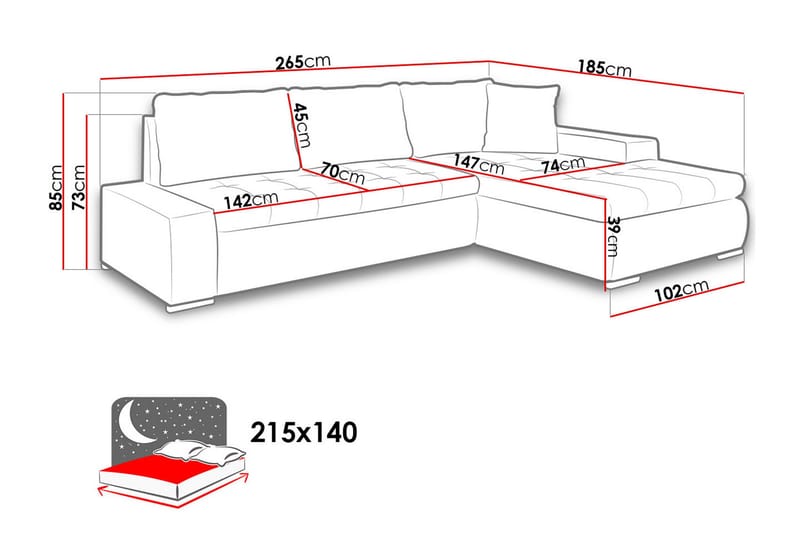 Cerys Divanbäddsoffa 265x185x85 cm Universal - Svart - Products - Möbler - Soffa - Bäddsoffa - Bäddsoffa längsbäddad