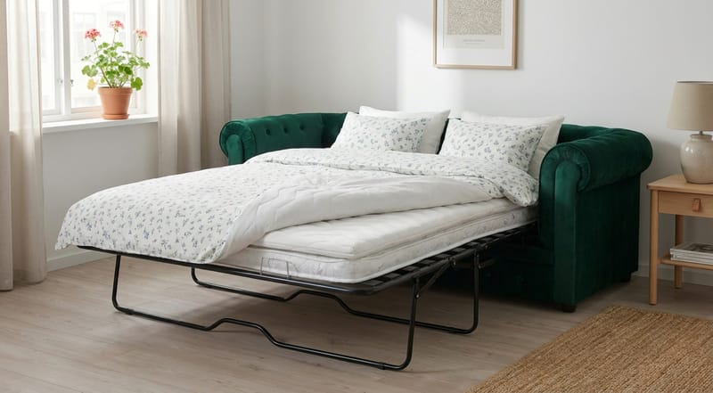 Chesterfield Lyx 3-sits Framåtbäddad Bäddsoffa med HVILA Bäddmadrass 140x200 cm Latex med Tvättbar klädsel - Grön/Vit - Products - Möbler - Soffa - Bäddsoffa - 3 sits bäddsoffa