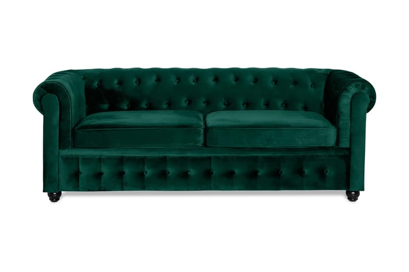 Chesterfield Lyx 3-sits Framåtbäddad Bäddsoffa med HVILA Bäddmadrass 140x200 cm Latex med Tvättbar klädsel, Grön/Vit