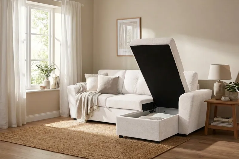 Leia 3-sits vändbar Bäddsoffa med divan och förvaring - Beige - Products - Möbler - Soffa - Bäddsoffa - Bäddsoffa divan