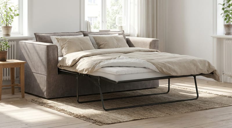 Travstad 3-sits Bäddsoffa med HVILA Bäddmadrass 140x200 cm Latex med Tvättbar klädsel - Grå/Vit - Products - Möbler - Soffa - Bäddsoffa - 3 sits bäddsoffa