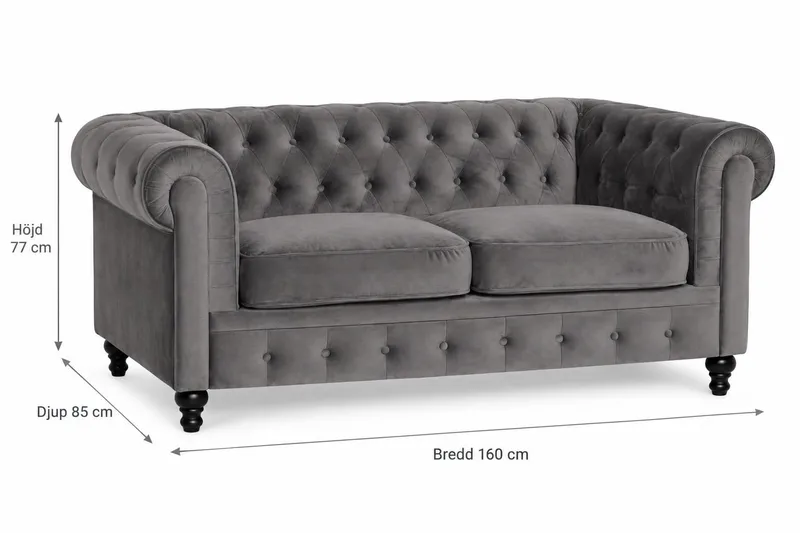 Chesterfield Lyx 2-sits Liten Sammetssoffa - Djup soffa 160 cm bred - Mörkgrå - Products - Möbler - Soffa - 2 sits soffa