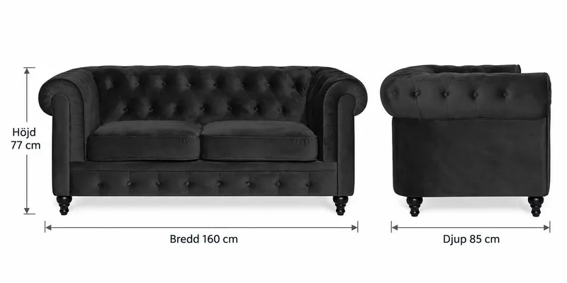 Chesterfield Lyx 2-sits Liten sammetssoffa - Djup soffa 160 cm bred - Svart - Products - Möbler - Soffa - 2 sits soffa