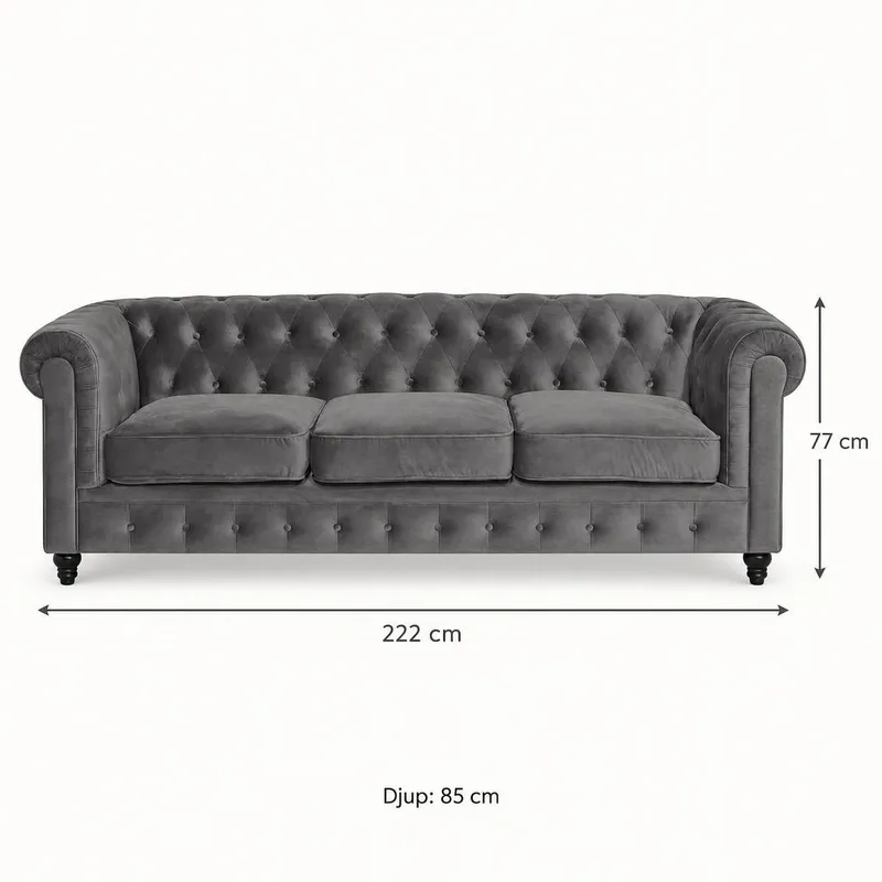 Chesterfield Lyx 3 sits Sammetssoffa - Djup soffa - Mörkgrå - Products - Möbler - Soffa - Chesterfield soffa