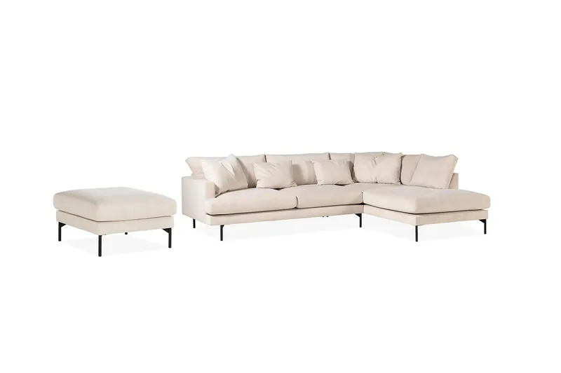 Menard 4-sits Högervänd L-formad Schäslongsoffa + Fotpall i Manchester, Beige