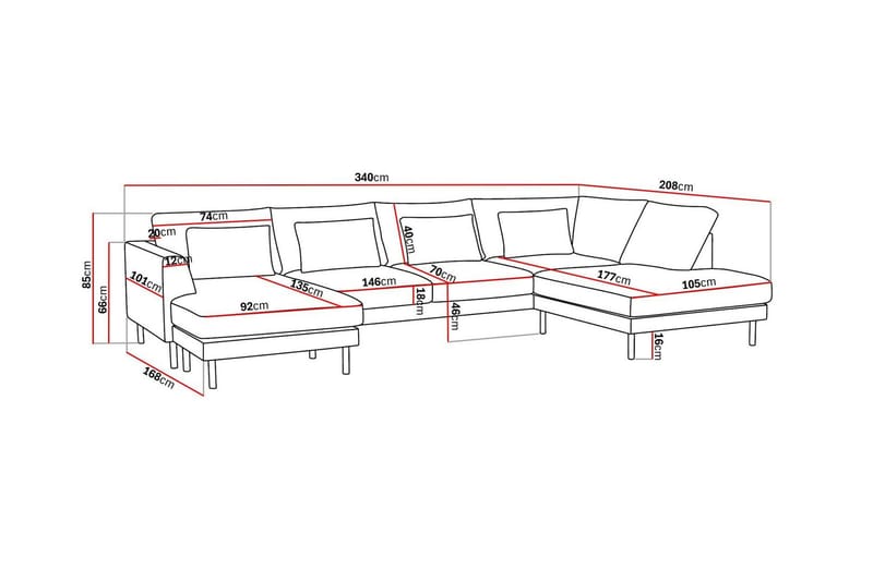 Florenz 4-sits Högervänd U-formad Soffa med Divan och Schäslong i Tyg - Ljusgrå - Products - Möbler - Soffa - Divansoffa & schäslongsoffa - 4 sits soffa med divan