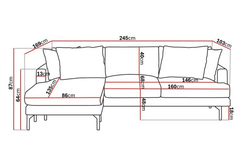 Menard 3-sits Vänstervänd L-formad Divansoffa i Tyg - Grå - Products - Möbler - Soffa - Divansoffa & schäslongsoffa - 3 sits soffa med divan